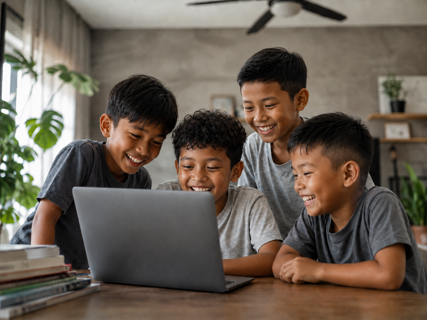 Indonesian children learning with laptops